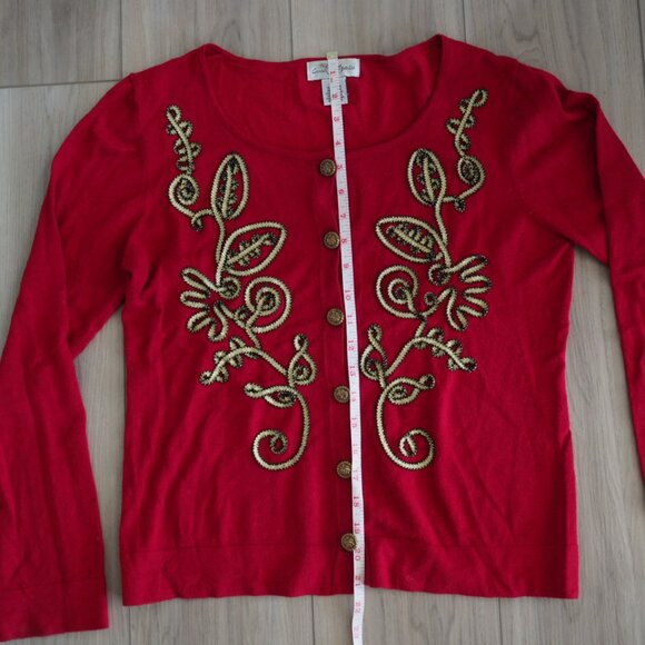 Vintage Grannycore Y2K Christmas Red Gold Detail Sweater Once Again Sz Medium - Picture 13 of 14